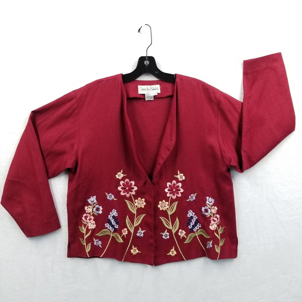 Vtg Diane Von Furstenberg Jacket Women S Red Silk‎ Embroidered Lagenlook Cottage